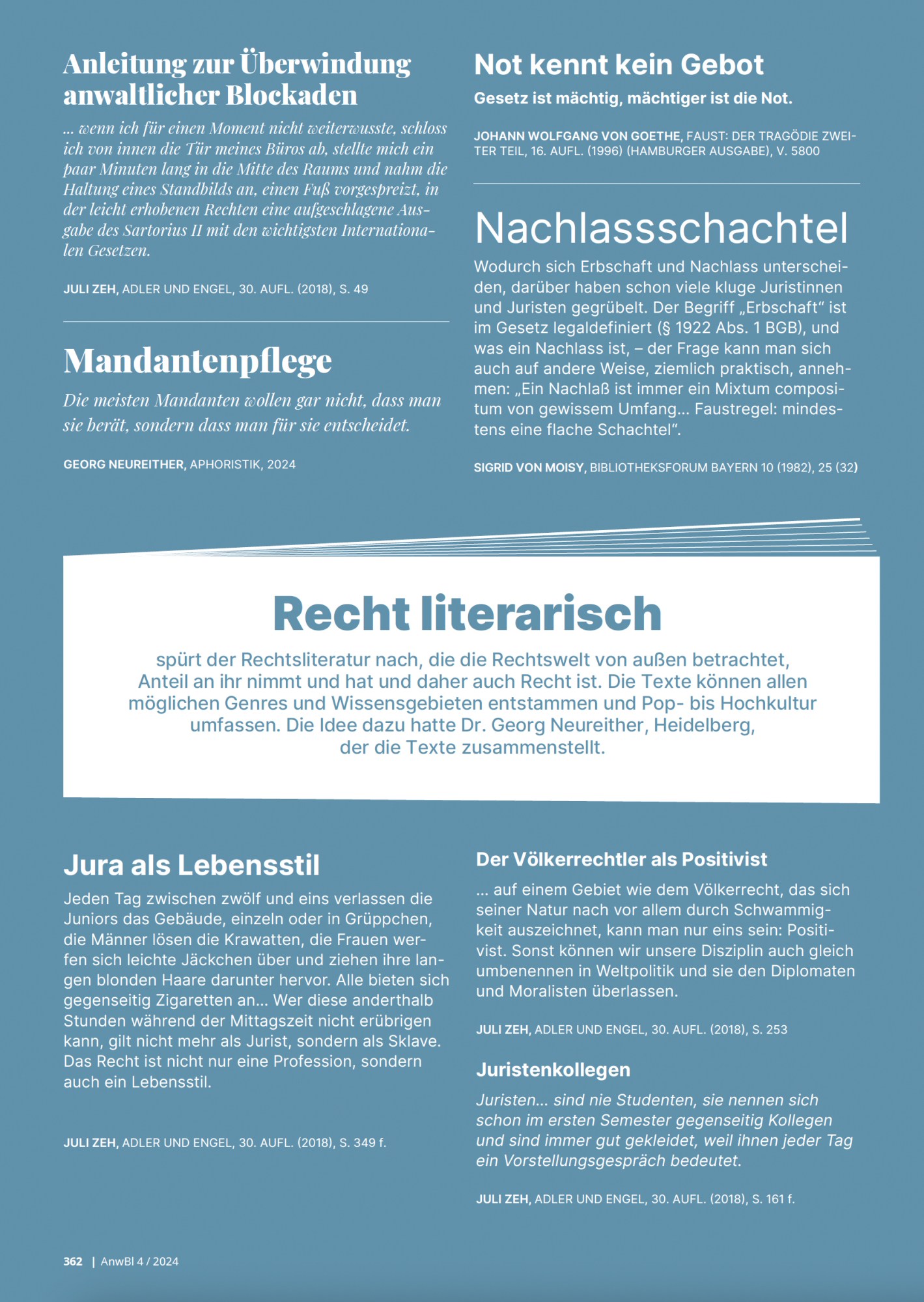 Neureither, Recht literarisch, Anwaltsblatt 4/2024, S. 362